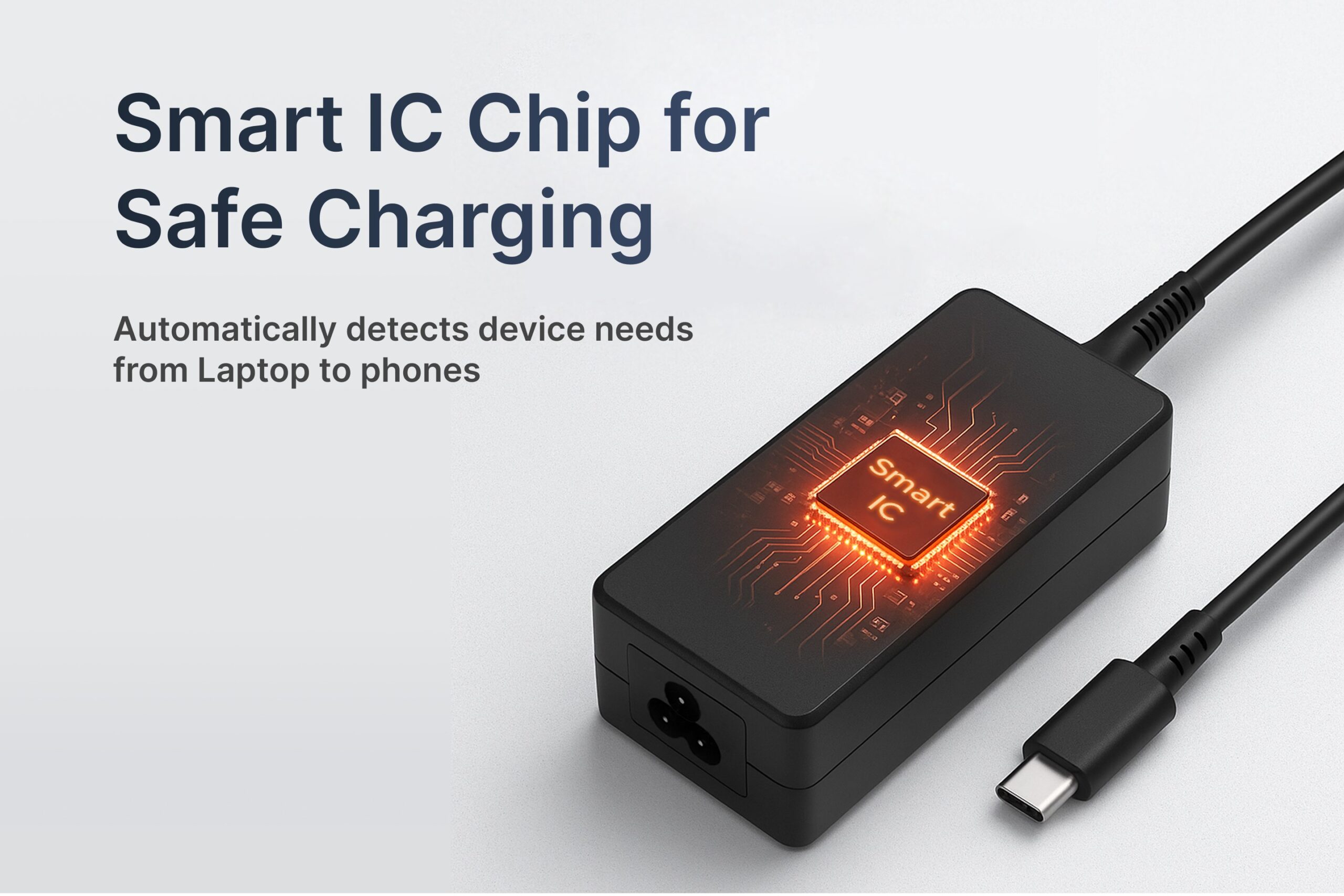 Ltronix 65W USB-C charger highlighting an internal Smart IC chip, indicating automatic device detection for safe charging.