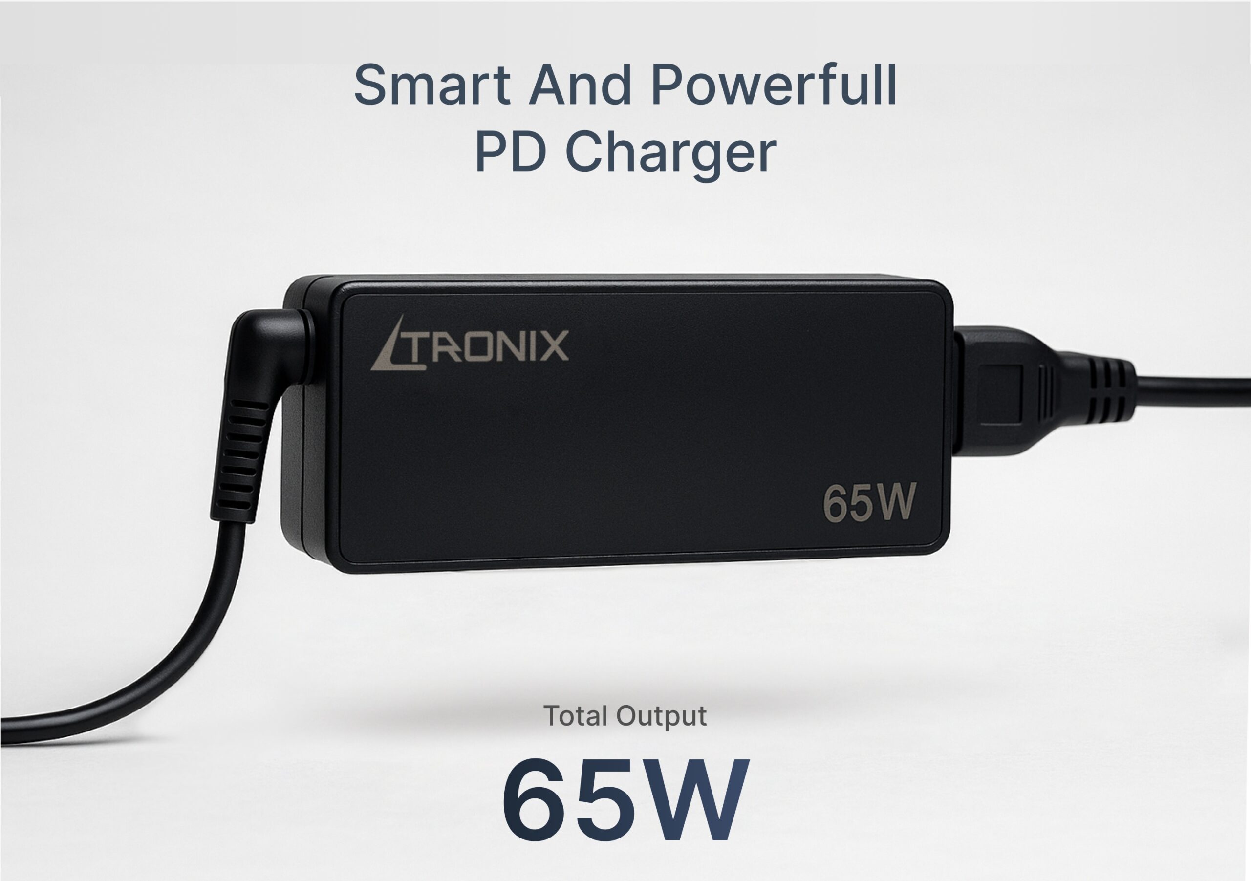Ltronix 65W USB-C Laptop Charger, black power adapter with Power Delivery (PD) technology and 65W output label.