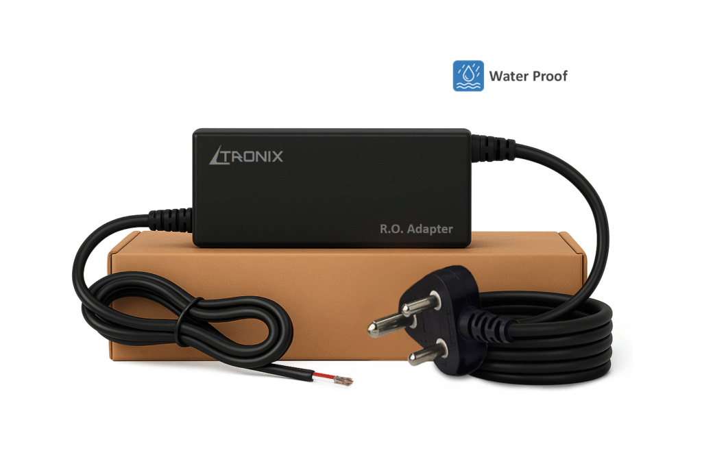 LTRONIX 24V 2.5A RO Adapter black water‑resistant SMPS power supply for RO UV UF water purifiers with two‑pin plug and box.