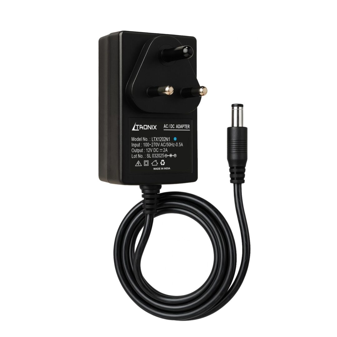 LTRONIX 12V 2A Power Adapter with 24W output, black AC/DC power supply for router, LED strip, and CCTV, featuring an Indian standard 3-pin plug.