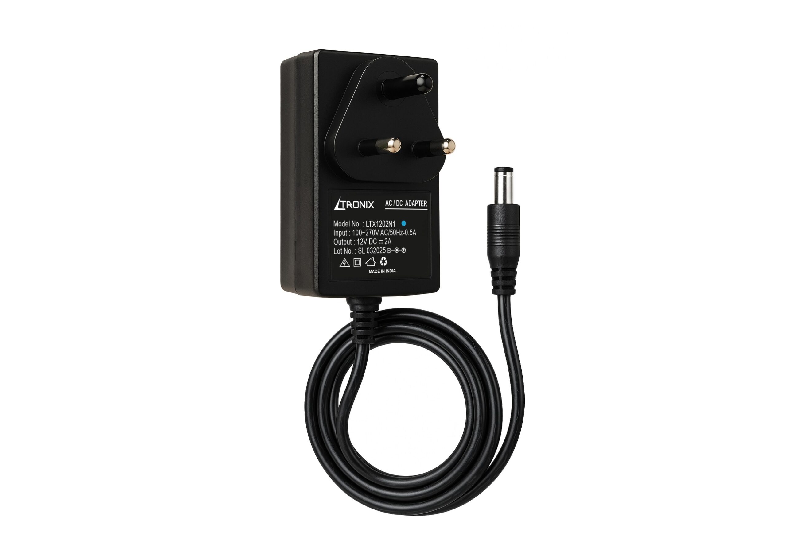 LTRONIX 12V 2A Power Adapter with 24W output, black AC/DC power supply for router, LED strip, and CCTV, featuring an Indian standard 3-pin plug.