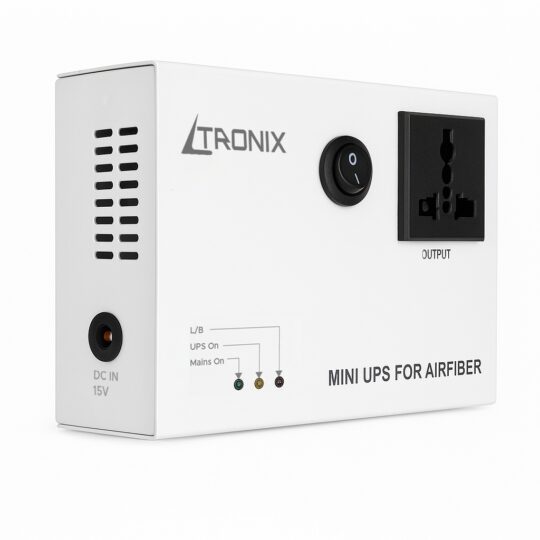 Ltronix Mini UPS side image showing compact design – provides 6+ hours power backup for routers like Jio Fiber, Airtel Xstream, Excitel, ACT, and BSNL