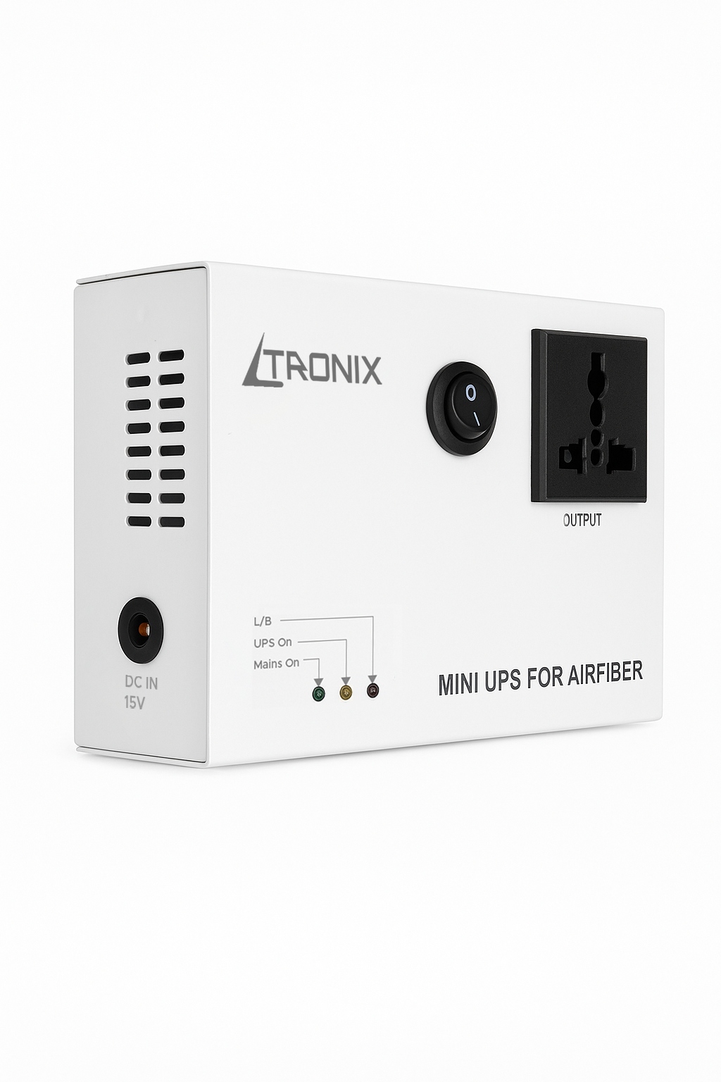 Ltronix Mini UPS side image showing compact design – provides 6+ hours power backup for routers like Jio Fiber, Airtel Xstream, Excitel, ACT, and BSNL