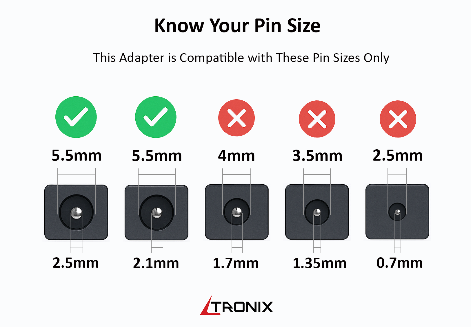 Ltronix 12V 5A Compatibility Chart: Compatible with 5.5mm x 2.5mm and 5.5mm x 2.1mm Pin Sizes