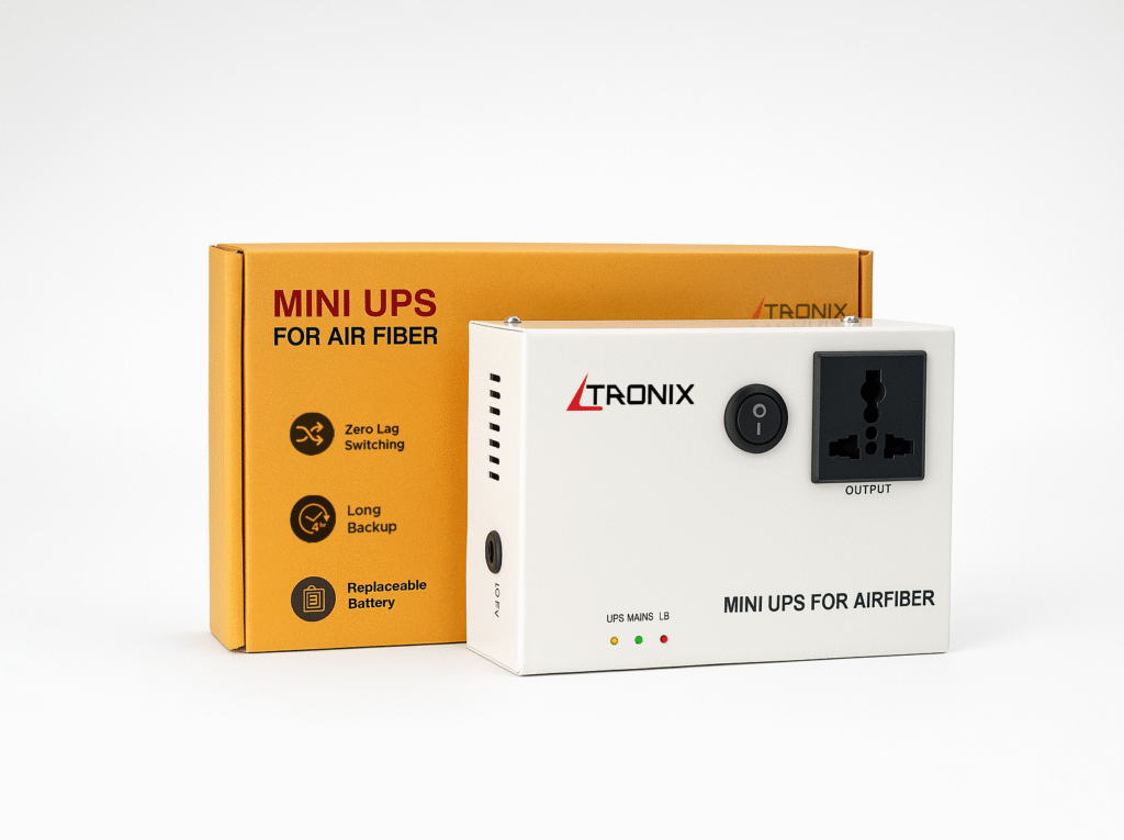 Ltronix Mini UPS side image showing compact design – provides 4+ hours power backup for routers like Jio Fiber, Airtel Xstream, Excitel, ACT, and BSNL