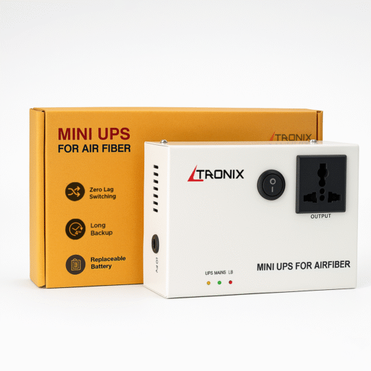 Ltronix Mini UPS side image showing compact design – provides 4+ hours power backup for routers like Jio Fiber, Airtel Xstream, Excitel, ACT, and BSNL
