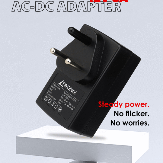 LTRONIX 12V 3A Power Adapter with 36W output, black AC/DC power supply for router, LED strip, and CCTV, featuring an Indian standard 3-pin plug.