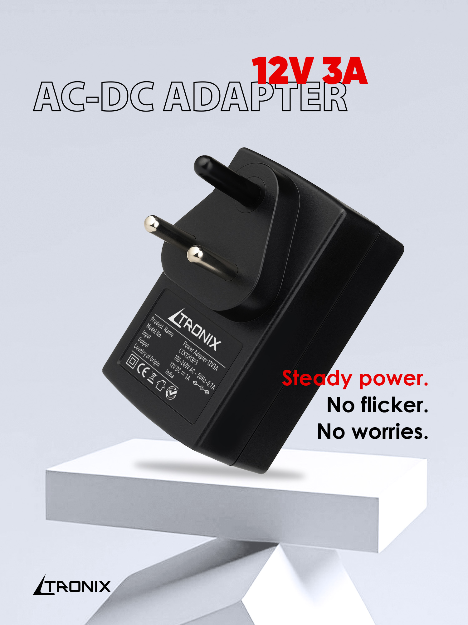 LTRONIX 12V 3A Power Adapter with 36W output, black AC/DC power supply for router, LED strip, and CCTV, featuring an Indian standard 3-pin plug.