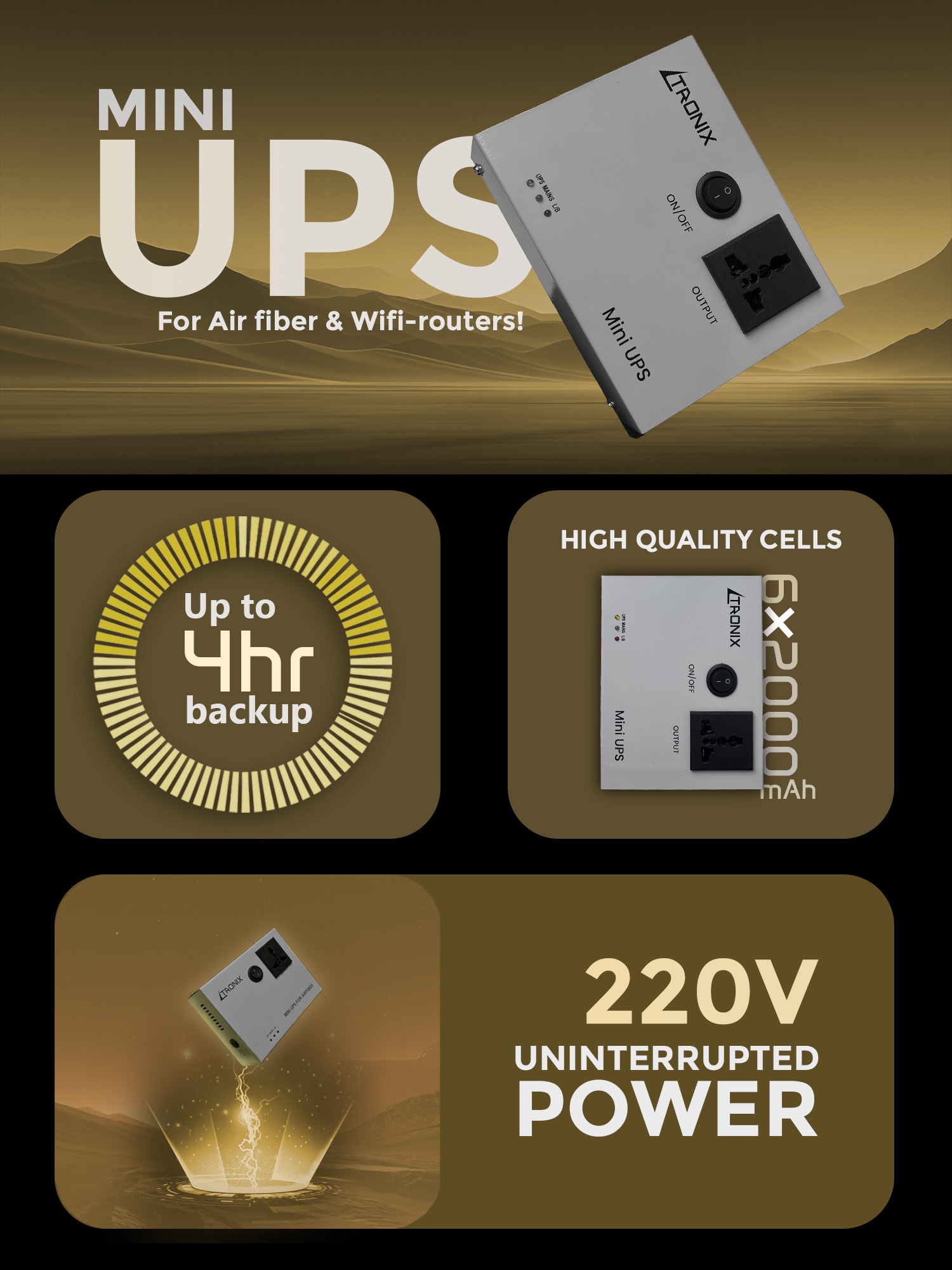 Ltronix Mini Ups for wifi routers, air fiber, jio airfiber, airtel airfiber xtream, 4 hours backup,220V output